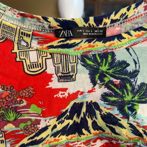 Zara Red Tropical Print Lightweight Boxy Cotton Tee T-Shirt Size L - Picture 5 of 5
